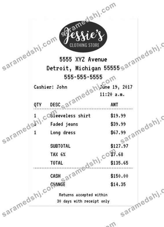 JESSIE'S CLOTHING STORE receipt